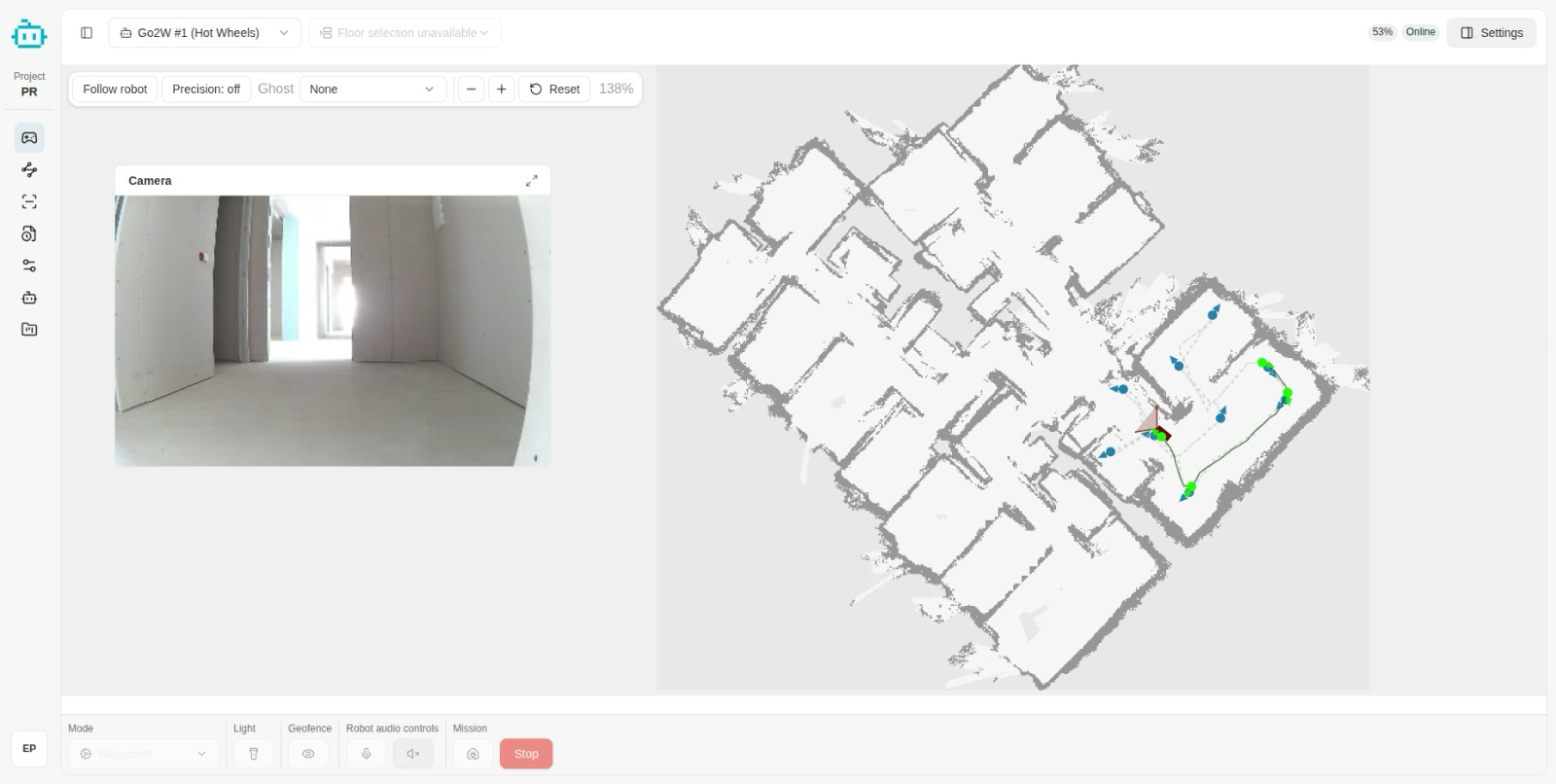 Positronic Bot mission control dashboard with camera feed and site map